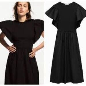 ZARA Black Midi Dress | Size L | Flutter Sleeves